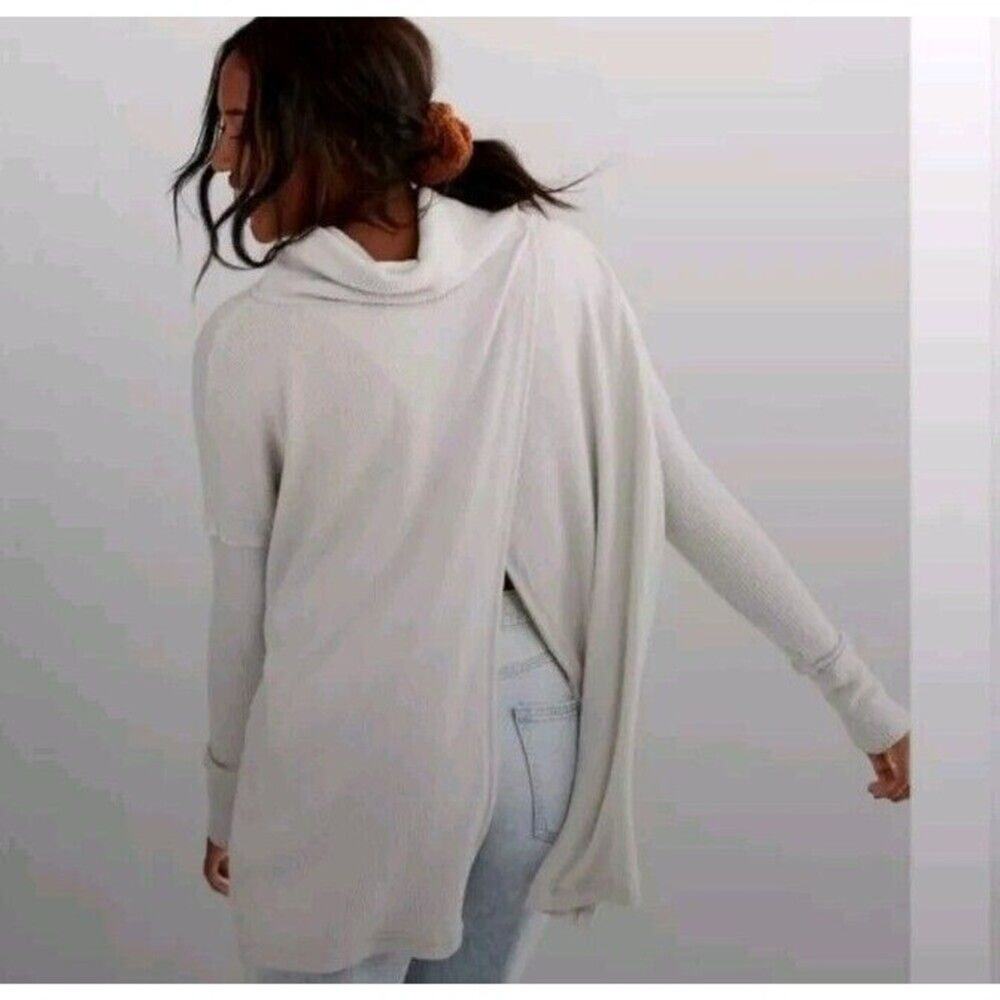 Free People Top Juicy Long Sleeve Size L oversized Ivory NWT Waffle Knit - Picture 3 of 11